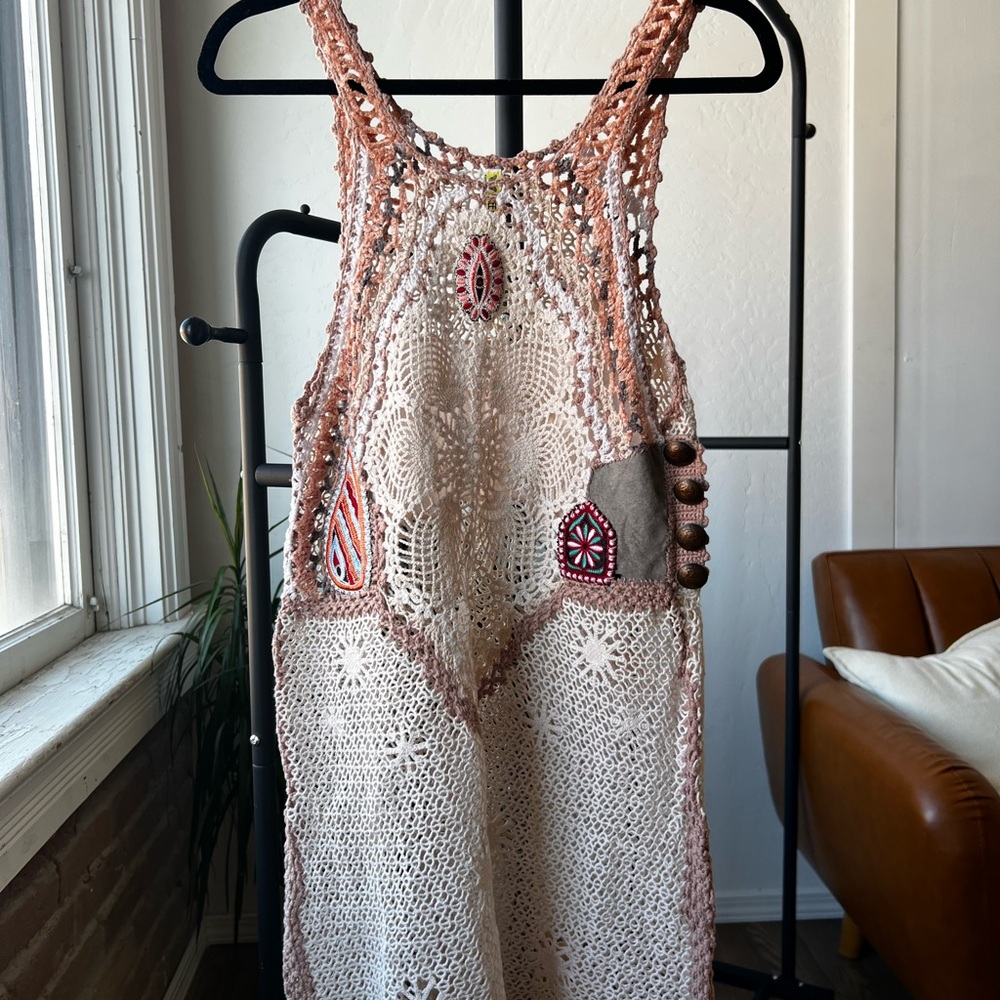 Boho Crochet Dress with Pink and Cream Accents